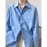 Daiiibabyyy   -  Spring Pocket Casual Solid Shirts Turn Down Collar Single Breasted Long Sleeve Loose Oversize Basic Blouse Tops