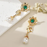 DAIIIBABYYY  -  Charm Emerald Pearl Drop Dangle Earrings for Women Temperament Gold Color Flower Stud Earrings Wedding Bride Jewelry Accessories