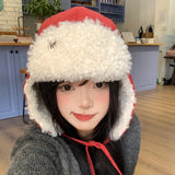 DAIIIBABYYY  -  Vintage Red Plush Strap Bomber Hats for Women Show Face Small Autumn and Winter Outdoor Warm Ear Protection Versatile Ski Caps