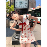 DAIIIBABYYY  -  Summer Fashion Small Girl Red Cherry Print Doll Dress Women Cute Bow Slim Mini Shirt Dress Holiday Sleeveless Short A Line Skirt