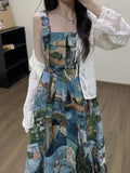 DAIIIBABYYY  -  Elegant Vintage Oil Painting Slim Waist Camisole Dresses+ Long Sleeve Sun Protection Cardigan Early Autumn New Two Piece Sets