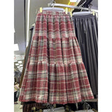 DAIIIBABYYY  -  Sweet Hot Girl Retro Plaid Patchwork Woolen Skirt Women's Autumn/Winter High Waisted A-line Long Skirt Fashion Female Clothes