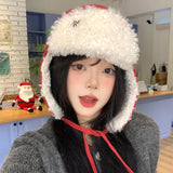 DAIIIBABYYY  -  Vintage Red Plush Strap Bomber Hats for Women Show Face Small Autumn and Winter Outdoor Warm Ear Protection Versatile Ski Caps