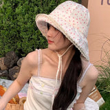 Daiiibabyyy Japanese Sweet Floral Strap Bucket Hats for Women Spring and Summer Travel Sunscreen Casual Versatile Show Face Small Sun Cap