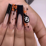 Daiiibabyyy 24Pcs Halloween Ballet False Nails with Ghost Spider Web Design Pink French Fake Nails Detachable Coffin Press on Nail Tips