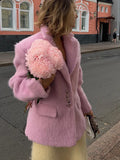 DAIIIBABYYY  -  Women's Elegant Pink Lapel Pockets Woolen Blazer Coat Fashion Single-breasted Loose Long Sleeve Coats Lady Sweet Outerwear