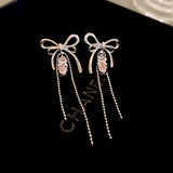 Daiiibabyyy -  New Chic Pink Color CZ Cubic Zirconia Bowknot Long Chain Tassel Dangle Earrings for Women Silver Plated Copper Jewelry