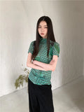 DAIIIBABYYY  -   Green Plaid Turtleneck Designer T Shirt For Women Summer Tops Patchwork High Neck Fashion Tees Aesthetic Clothes