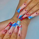 DAIIIBABYYYY  -  24pcs Blue Red Star Press on Nails with Rhinestone Long Coffin French Fake Nails Full Cover Wearable European False Nail Patch