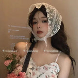 Daiiibabyyy -  Girl French Lace Triangle Headband Flowers Sunscreen Decorative Headscarf Pastoral Retro Scarves Ribbon Bag Headscarf Hat