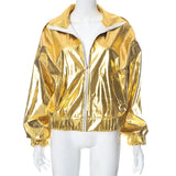 DAIIIBABYYY  -  Fashion Women Shiny Gold Silver PU Leather Jacket Lapel Zipper Pockets Loose Metallic Color Jackets Hiphop Punk Lady Outcoats