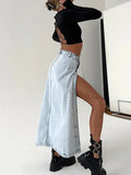 Daiiibabyyy Women's A-line Denim Skirt Side Split Button High Waist Midi Office Lady Jean Long Skirt