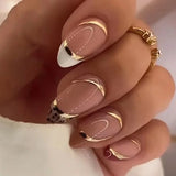 DAIIIBABYYY  -  24Pcs Leopard Fake Nails Press on Long Almond Golden line False Nails Removable Full Cover Nail Tips Wearable Finished Nail Art