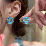 DAIIIBABYYY  -  Korea Sweet Blue Oil Dripping Flower Stud Earrings for Women Vintage Crystal Enamel Temperament Earrings Wedding Jewelry Gifts