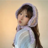 DAIIIBABYY  -  Y2K Gradual Change Color Knitted Earmuffs for Women Autumn and Winter Korean Retro Plush Warm Versatile Cute Strap Beanies