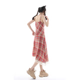 DAIIIBABYYY  -  Women's Wear Strap Dress Lace Plaid Chic Slim Skirt Sexy Backless Summer French Vintage Sleeveless Suspender Mid-length Skirt