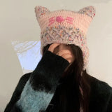 Daiiibabyyy Y2K Style Cute Pink Cat Hat New Furry Handmade Woven Beanie Hat Warm Winter Knitted Pullover Hat