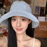 Daiiibabyyy Japanese Retro Turned-brim Bucket Hats for Women Summer Travel Fashion Versatile Sunscreen Fine Plaid Dome Sweet Basin Caps