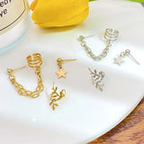 DAIIIBABYYY  -  New Fashion Gold Silver Color Leaves Star Clip Earrings for Women Simple C-Shaped Butterfly Chain Piercing Ear Clip Set Jewelry