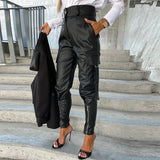 Daiiibabyyy Women Solid Multi-Pockets Commute Cargo Pant Elegant High Waist Button Trousers 2023 Office Lady Zip Slim PU Pants