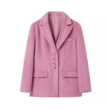 DAIIIBABYYY  -  Women's Elegant Pink Lapel Pockets Woolen Blazer Coat Fashion Single-breasted Loose Long Sleeve Coats Lady Sweet Outerwear