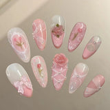 DAIIIBABYYYY  -  24pcs Korean Cute Fake Nails with Sweet Pink 3D Flowers Bowknot Design Almond False Nail Patch Wearable Press on Nails for Girls