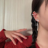 DAIIIBABYYY  -  2024 New Fashion Silver Color Butterfly Ear Clip for Women Simple Fake Cartilage Long Tassel Round Beads Ear Cuff Jewelry Gift