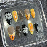 DAIIIBABYYY  -  10pcs Handmade Press on Nails 3D Petal Flower Design Fake Nail Tips Ins Black Yellow Almond False Nail Tips for Girl Wearable