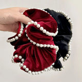 DAIIIBABYYY  - French Vintage Pearl Velvet Scrunchies Hair Tie Large Intestine Hairband Simple Elastic Hair Band Headwear Hair Accessories