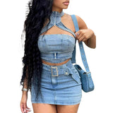 DAIIIBABYYY  -  Denim Crop Tops Dress 2 Piece Mini Skirt Sets Women Sexy Cargo Dress Y2K Denim Jean Two Piece Sets Summer Outfits Clothes