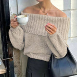 DAIIIBABYYY  -  Women Fashion High Street Slim Sweater Simple Solid Color Slim Warm Sweater Autumn Winter Off Shoulder Long Sleeved Knitted Top