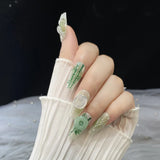 Daiiibabyyy 10Pcs Chinese style Press On Nails with Hand-painted white snake dark green jade bamboo pattern Long Detachable Fake Nails Tips