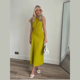 Daiiibabyyy   -  Women's Elegant Mustard Side Gathering Round Neck Back Zip Sleeveless Midi Dress Ruffle Dress Yellow Sleeveless Tank Dress