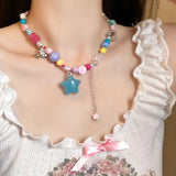 DAIIIBABYYY  -  Summer Y2K Colorful Dopamine Star Pendant Heart Flowers Beaded Necklace for Women Cute Sweet Acrylic Crystal Neck Chain