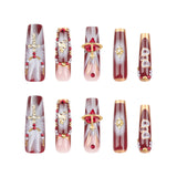 DAIIIBABYYY  -  24pcs Red Crystal Design False Nails European Long Ballet Press on Nails Full Cover Wearable Heavy Metal Fake Nail Patches