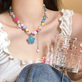 DAIIIBABYYY  -  Summer Y2K Colorful Dopamine Star Pendant Heart Flowers Beaded Necklace for Women Cute Sweet Acrylic Crystal Neck Chain