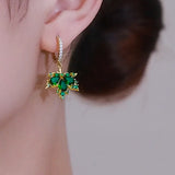 DAIIIBABYYY  -  New Fashion Green Crystal Maple Leaf Drop Earrings for Women Korea Elegant Temperament Zircon Earrings Wedding Jewelry Party