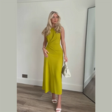 Daiiibabyyy   -  Women's Elegant Mustard Side Gathering Round Neck Back Zip Sleeveless Midi Dress Ruffle Dress Yellow Sleeveless Tank Dress