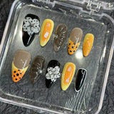 DAIIIBABYYY  -  10pcs Handmade Press on Nails 3D Petal Flower Design Fake Nail Tips Ins Black Yellow Almond False Nail Tips for Girl Wearable