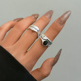 Daiiibabyyy 2Pcs Vintage Black Crystal Open Rings for Women Bilayer Irregular Line Geometric Punk Lady Finger Accessories Fashion Jewelry