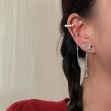 DAIIIBABYYY  -  2024 New Fashion Silver Color Butterfly Ear Clip for Women Simple Fake Cartilage Long Tassel Round Beads Ear Cuff Jewelry Gift