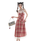 DAIIIBABYYY  -  Women's Wear Strap Dress Lace Plaid Chic Slim Skirt Sexy Backless Summer French Vintage Sleeveless Suspender Mid-length Skirt