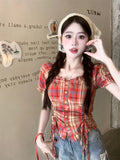 DAIIIBABYYY  -  Sweet Hot Girl Plaid Short-sleeved T-shirt for Women's Spring/summer Square Collar Lace-up Slim Fit Top Fashion Female Clothes