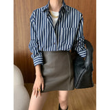 Daiiibabyyy   -  Autumn Contrast Stripe Pocket Shirts Women Turn Down Collar Loose Long Sleeve Oversized Tops