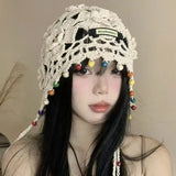 DAIIIBABYYY  - Sweet Crochet Flower Hollow Tassels Knitted Hat Hollow Out Bohemian Style Knit Cap Handmade Korean Ethnic Style Hat Girls