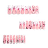 DAIIIBABYYY  -  Sweet Pink French White Edge Wearing False Nail Long Coffin Fake Nail Strawberry Bow Pattern Korean Cute Style Press on Nails