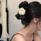 Daiiibabyyy Shark Clip Hair Claw Cute Acrylic Bowknot Hairpins White Camellia Flower Hair Clip Women