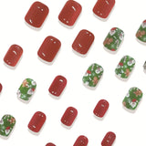 DAIIIBABYYY  -  24pcs Short Square Fake Nails Christmas Red and Green Santa Claus False Nails Christmas Winter Wearable Press on Nails for Girls