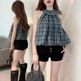 DAIIIBABYYY  -  Sweet Hot Girl Pure Sexy Retro Plaid Off Shoulder Tank for Women's Summer A-line Sleeveless Shirt Top Fashion Female Clothes