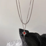 Daiiibabyyy Double Layer Red Zircon Rose Pendant Necklaces Y2K Layered Flower Stone Chain Necklace Irregular Floral Aesthetic Jewelry Gifts